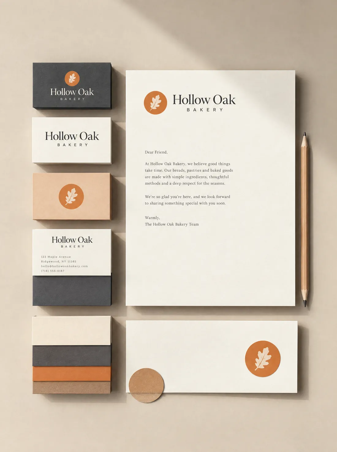 The Hollow Oak Bakery identity: business cards, letterhead and colour swatches.