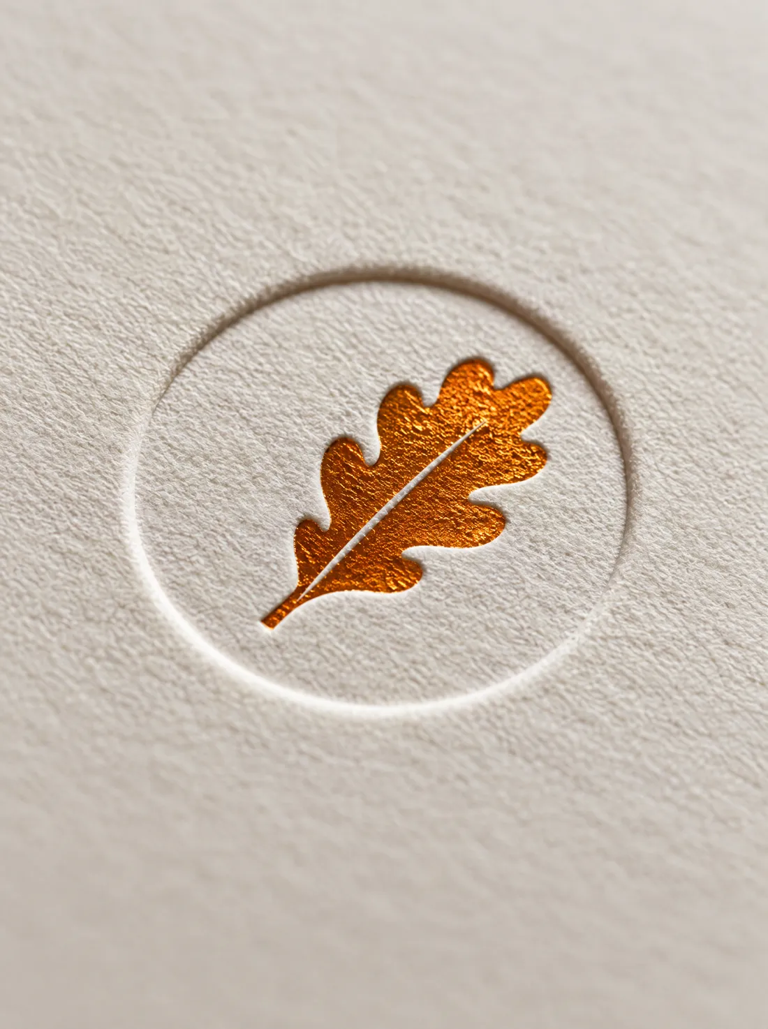 An oak-leaf emblem blind-embossed into cotton paper, the leaf in amber foil.