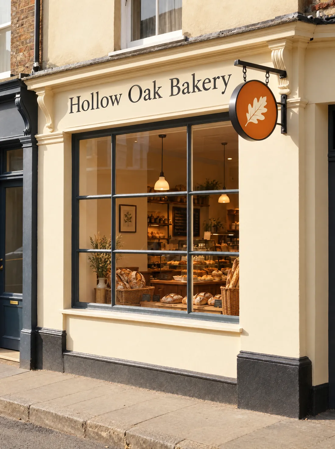 The Hollow Oak Bakery shopfront with its painted fascia and round amber hanging sign.