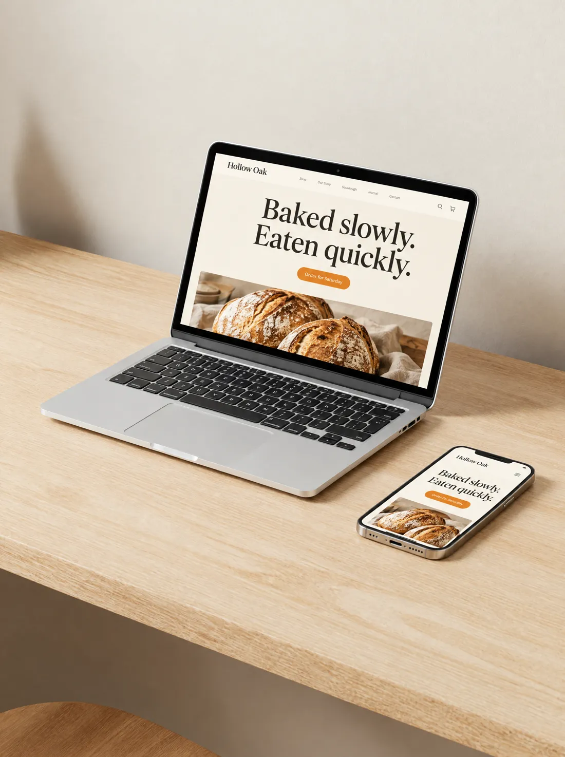 A laptop and phone showing the Hollow Oak Bakery website.